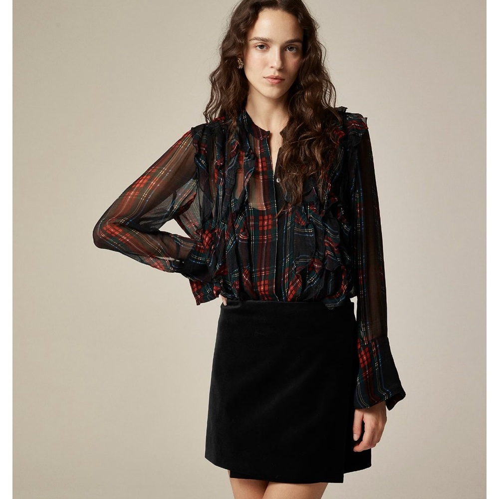 J. Crew Ruffle Front Top Blouse in Tartan Crinkle Cupro Size 6 ‎ Style CF456